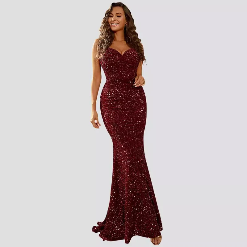 Damen Figurbetontes Glitzer-Abendkleid mit herzförmigem Ausschnitt und schwingendem Rock