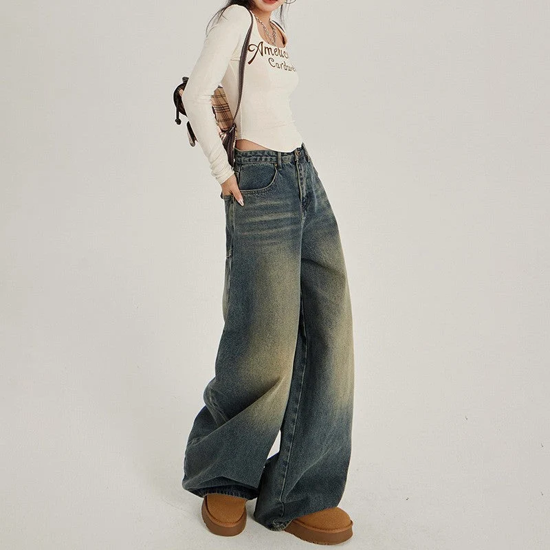 Damen Weite High-Waist Denim-Jeans im lässigen Stil