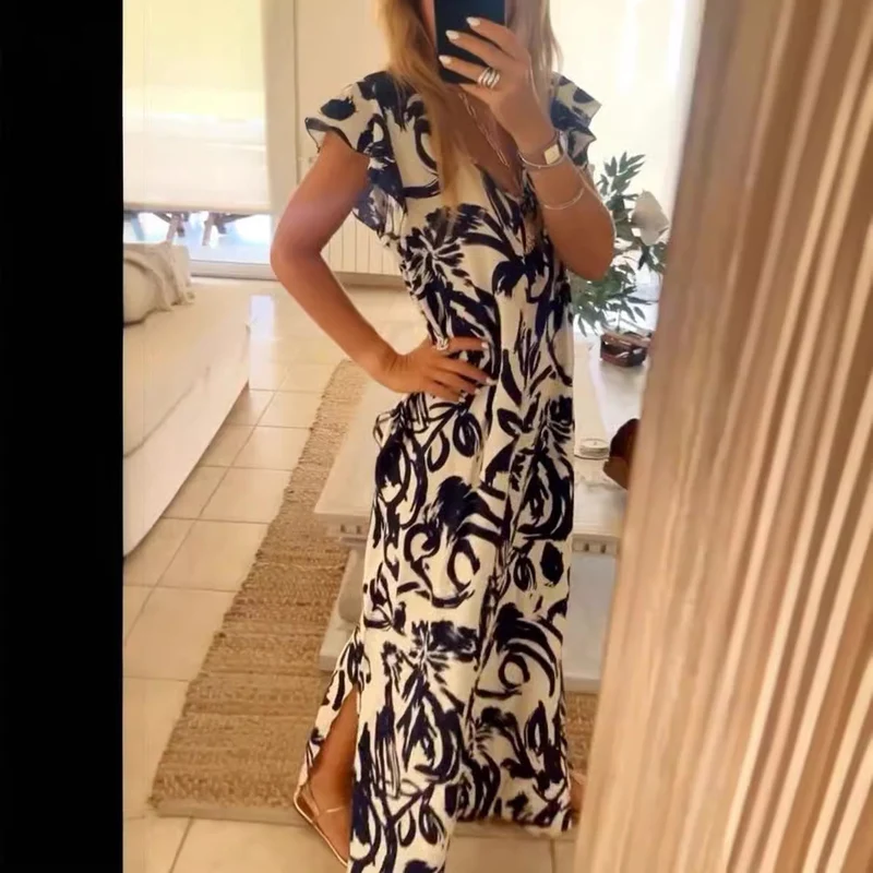 Damen Maxikleid mit voluminösen Ärmeln und elegantem V-Ausschnitt