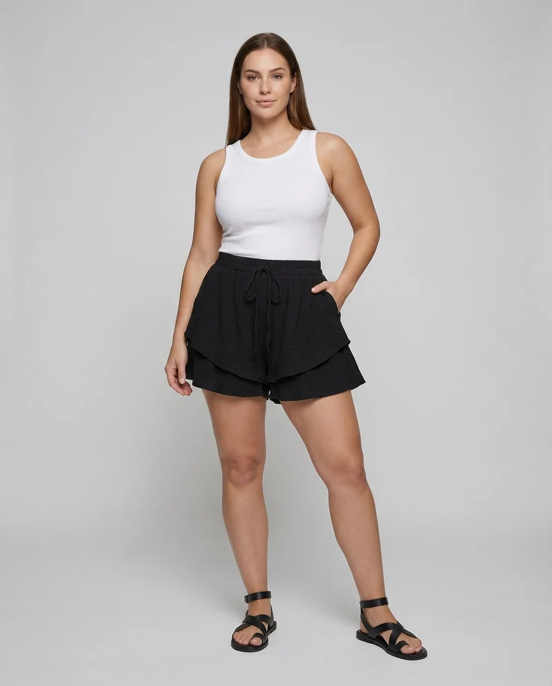 Damen nan luftige Krepp-Shorts im Lagenlook mit doppeltem Volant, elastischem Bund und Bindekordel Nord Taschen