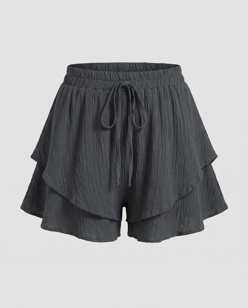 Damen nan luftige Krepp-Shorts im Lagenlook mit doppeltem Volant, elastischem Bund und Bindekordel Nord Taschen