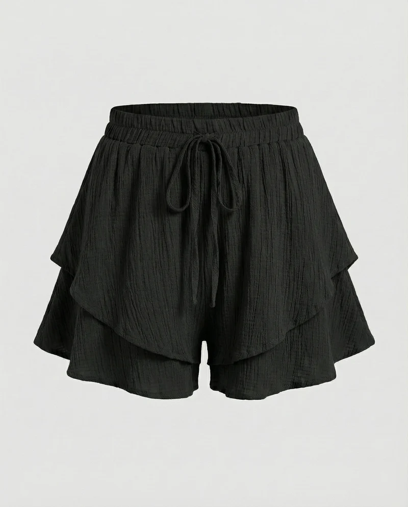 Damen nan luftige Krepp-Shorts im Lagenlook mit doppeltem Volant, elastischem Bund und Bindekordel Nord Taschen