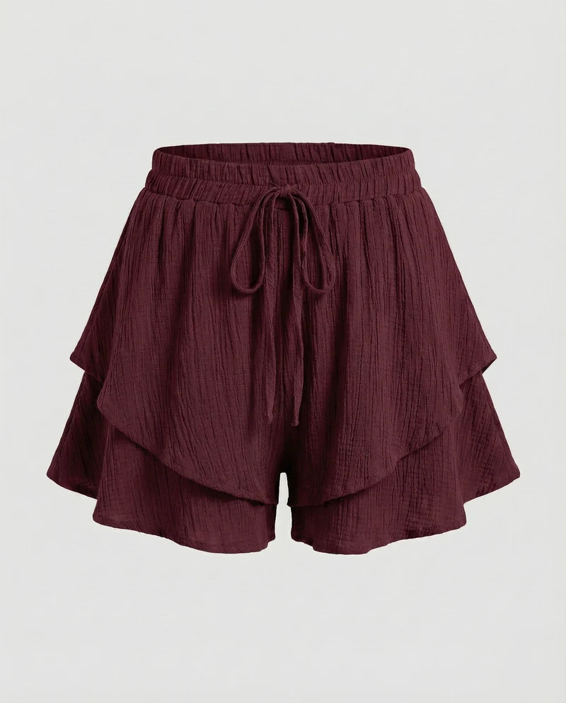Damen nan luftige Krepp-Shorts im Lagenlook mit doppeltem Volant, elastischem Bund und Bindekordel Nord Taschen