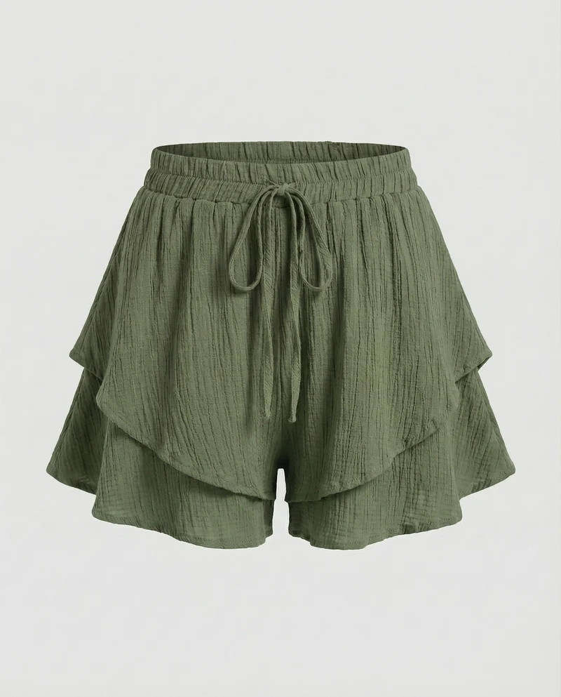 Damen nan luftige Krepp-Shorts im Lagenlook mit doppeltem Volant, elastischem Bund und Bindekordel Nord Taschen