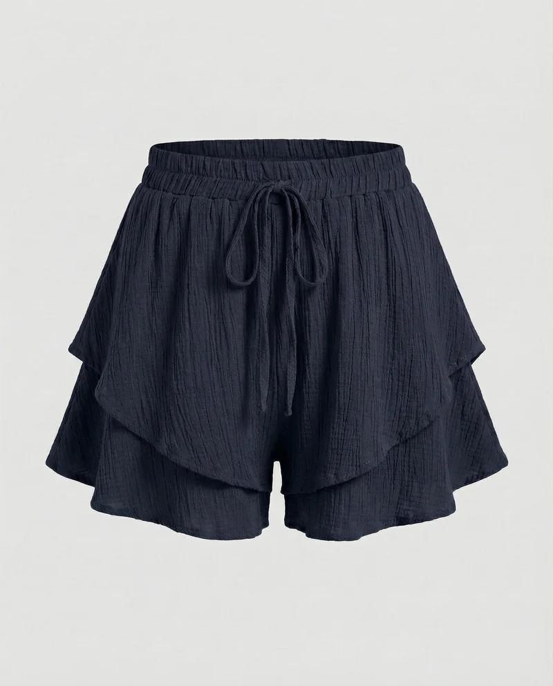 Damen nan luftige Krepp-Shorts im Lagenlook mit doppeltem Volant, elastischem Bund und Bindekordel Nord Taschen