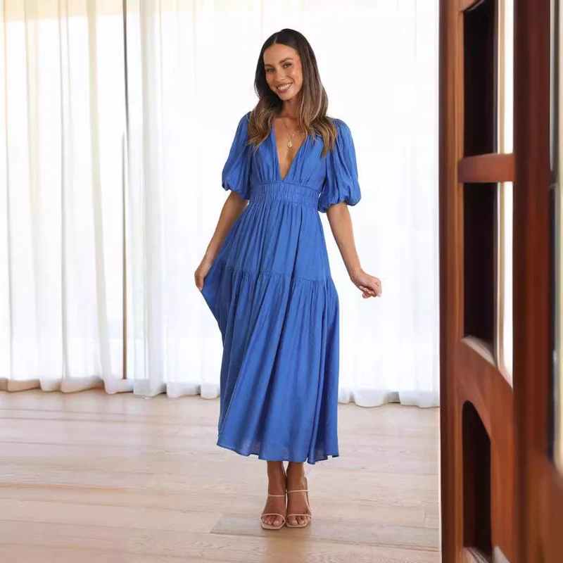 Damen Maxikleid mit weiten Puffärmeln und elastischem Taillenzug