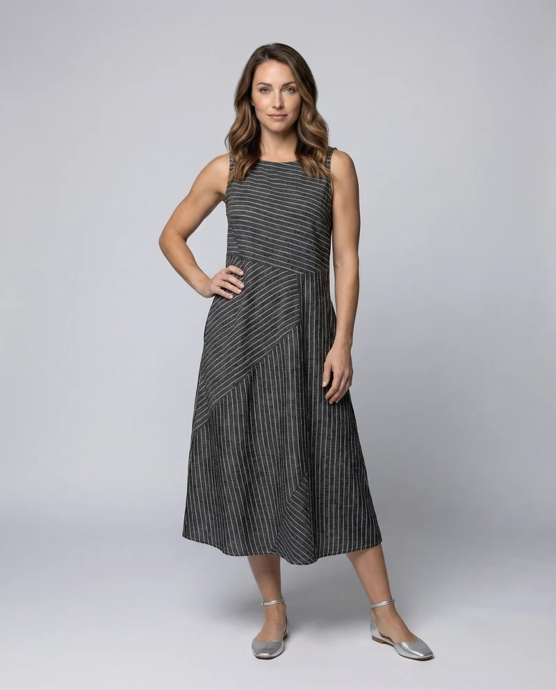 Damen Leinenmix-Midikleid Diagonale Nahtpaneele
