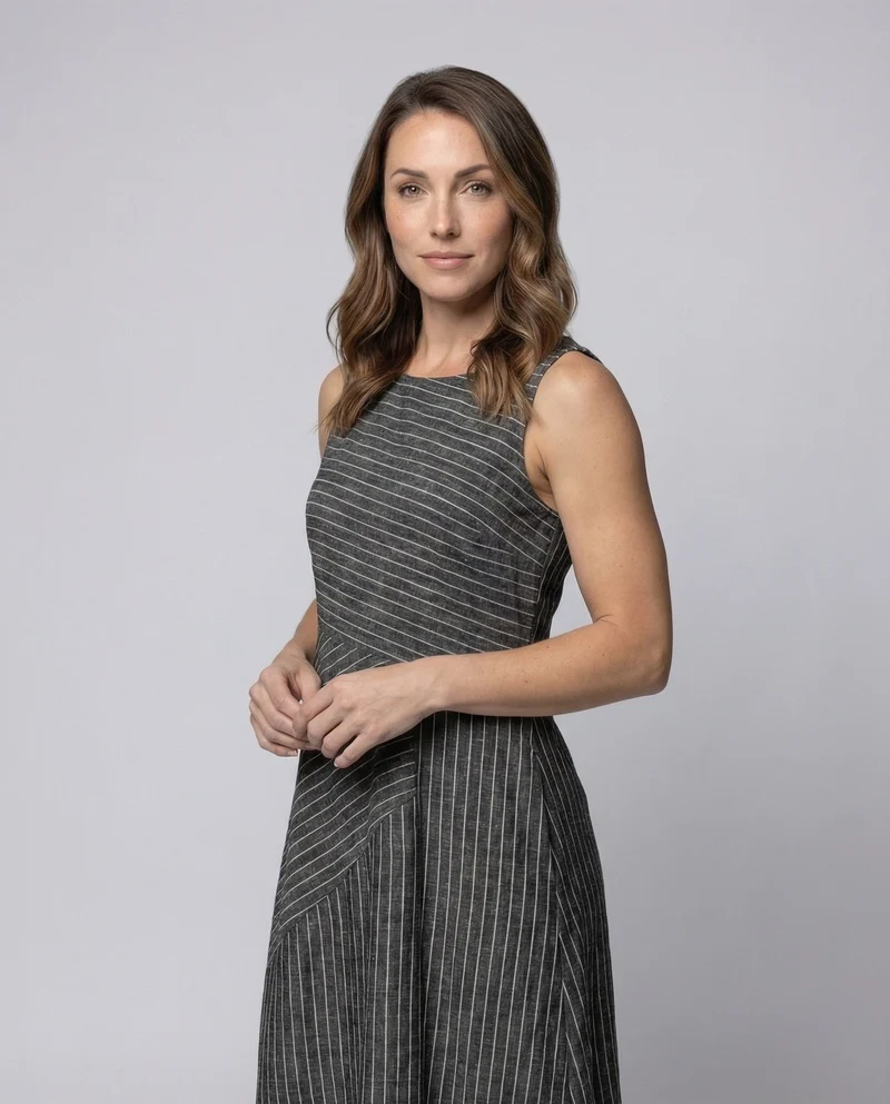 Damen Leinenmix-Midikleid Diagonale Nahtpaneele