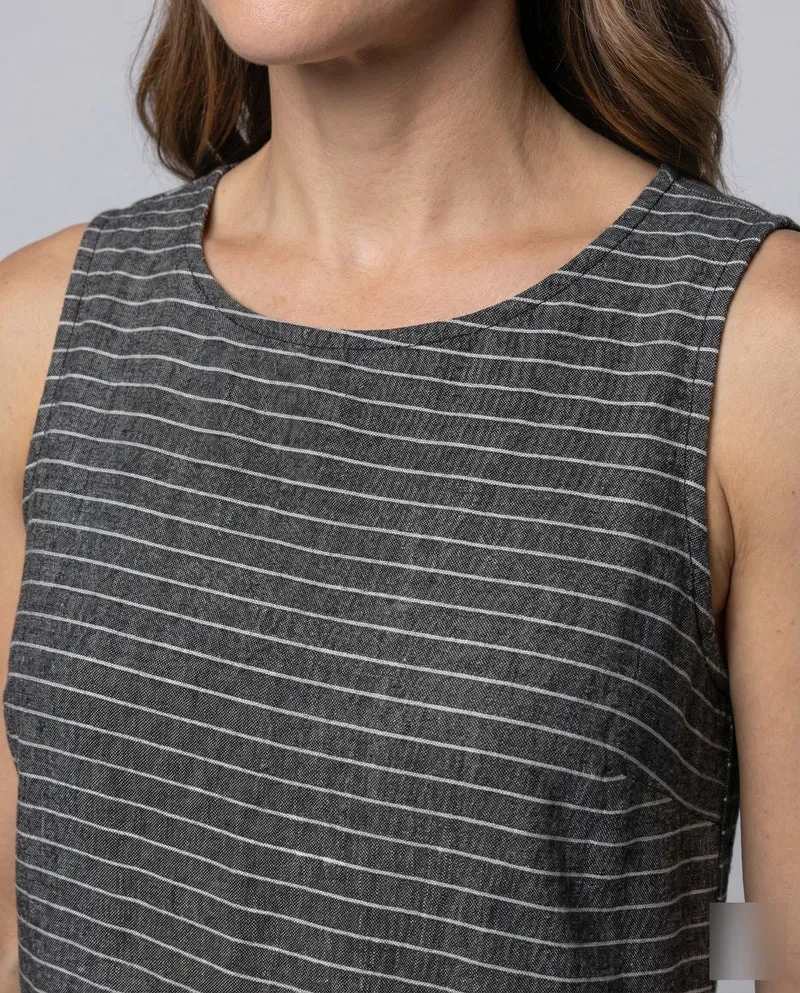Damen Leinenmix-Midikleid Diagonale Nahtpaneele