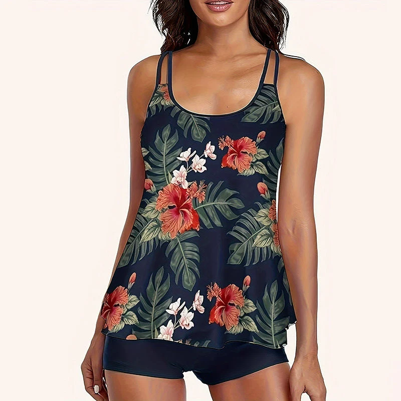 Damen Sportliches Tankini-Set mit floralem Design und Shorts Nord Taschen