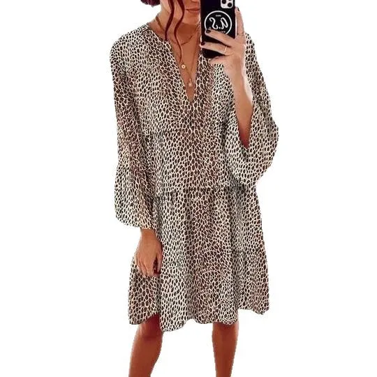 Damen lässiges Blusenkleid mit Volantärmeln und tierischem Muster