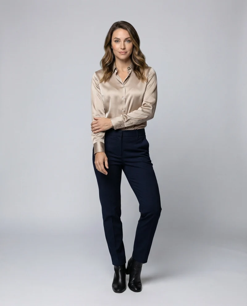 Damen nan elegante Satin-Hemdbluse mit V-Ausschnitt, feiner Knopfleiste und taillierter Passform