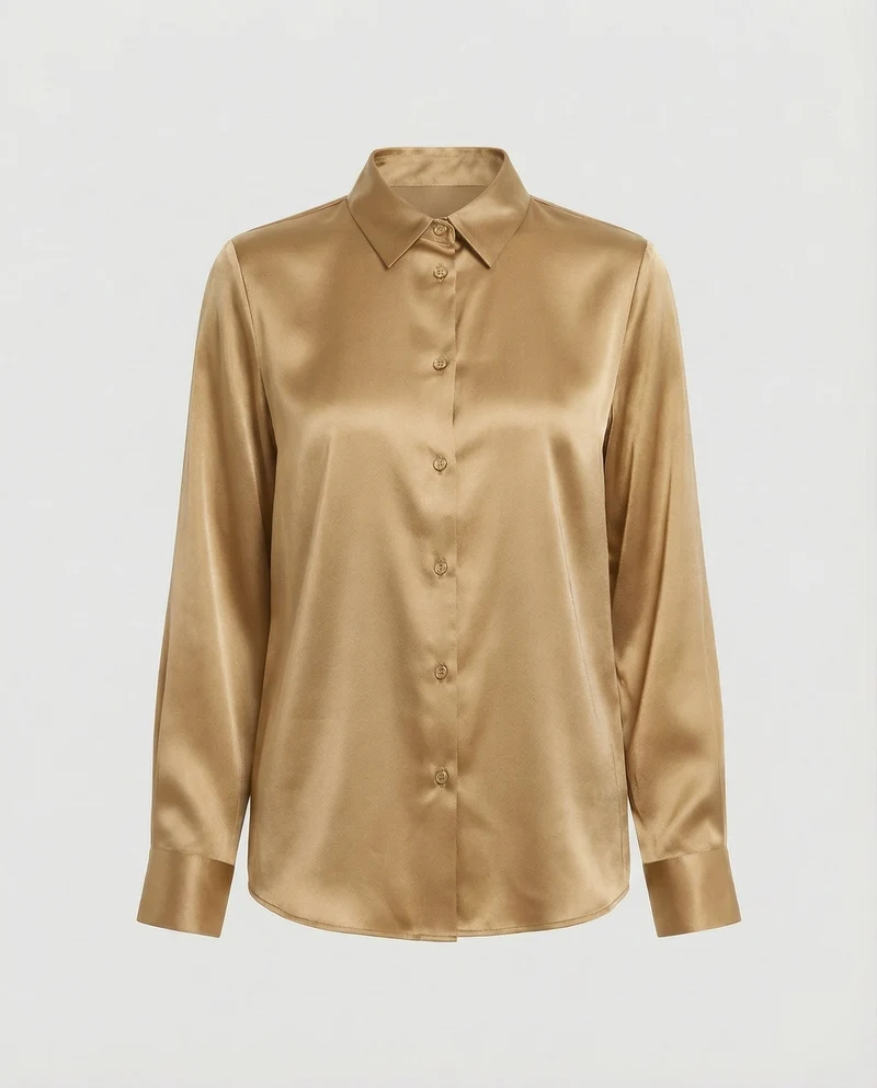 Damen nan elegante Satin-Hemdbluse mit V-Ausschnitt, feiner Knopfleiste und taillierter Passform