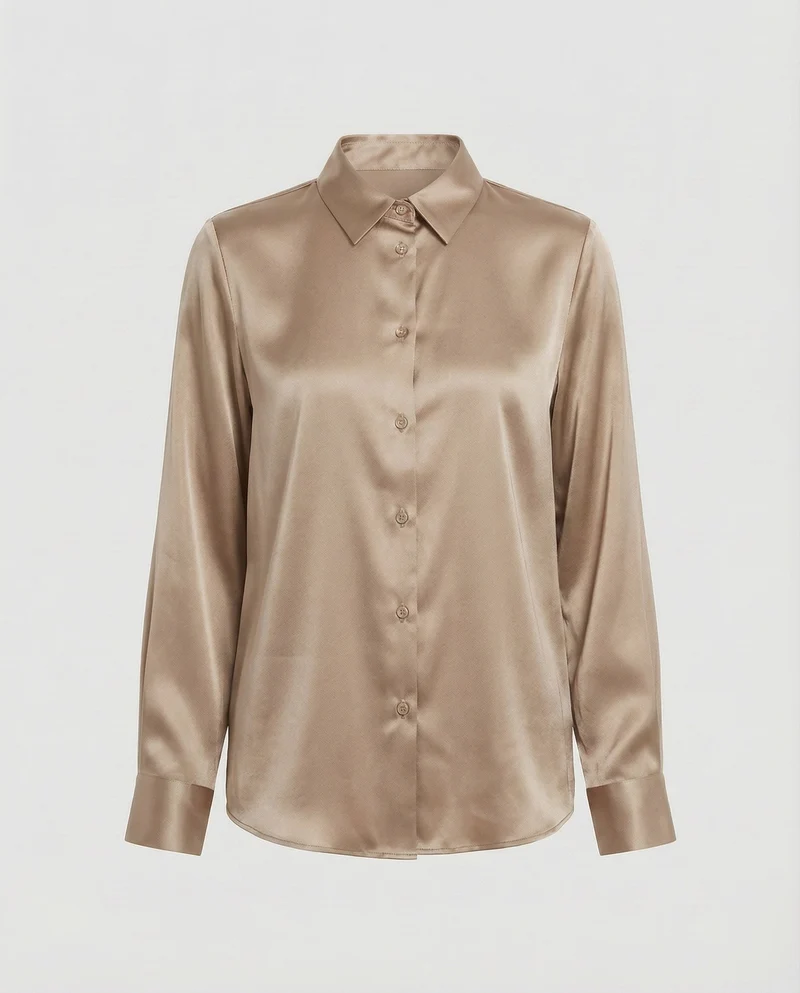 Damen nan elegante Satin-Hemdbluse mit V-Ausschnitt, feiner Knopfleiste und taillierter Passform