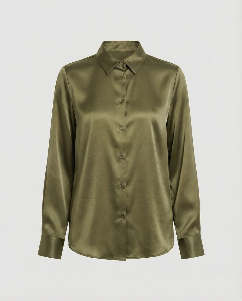 Damen nan elegante Satin-Hemdbluse mit V-Ausschnitt, feiner Knopfleiste und taillierter Passform