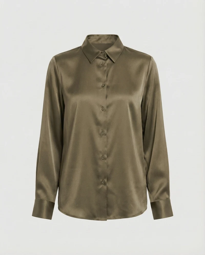 Damen nan elegante Satin-Hemdbluse mit V-Ausschnitt, feiner Knopfleiste und taillierter Passform