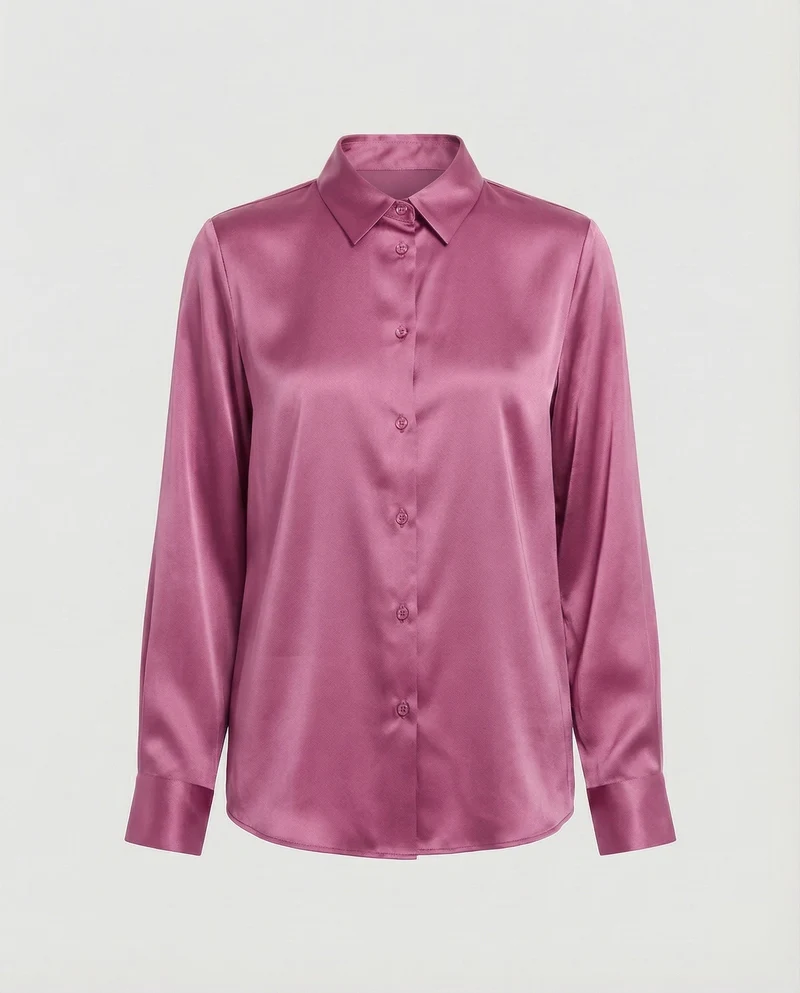 Damen nan elegante Satin-Hemdbluse mit V-Ausschnitt, feiner Knopfleiste und taillierter Passform