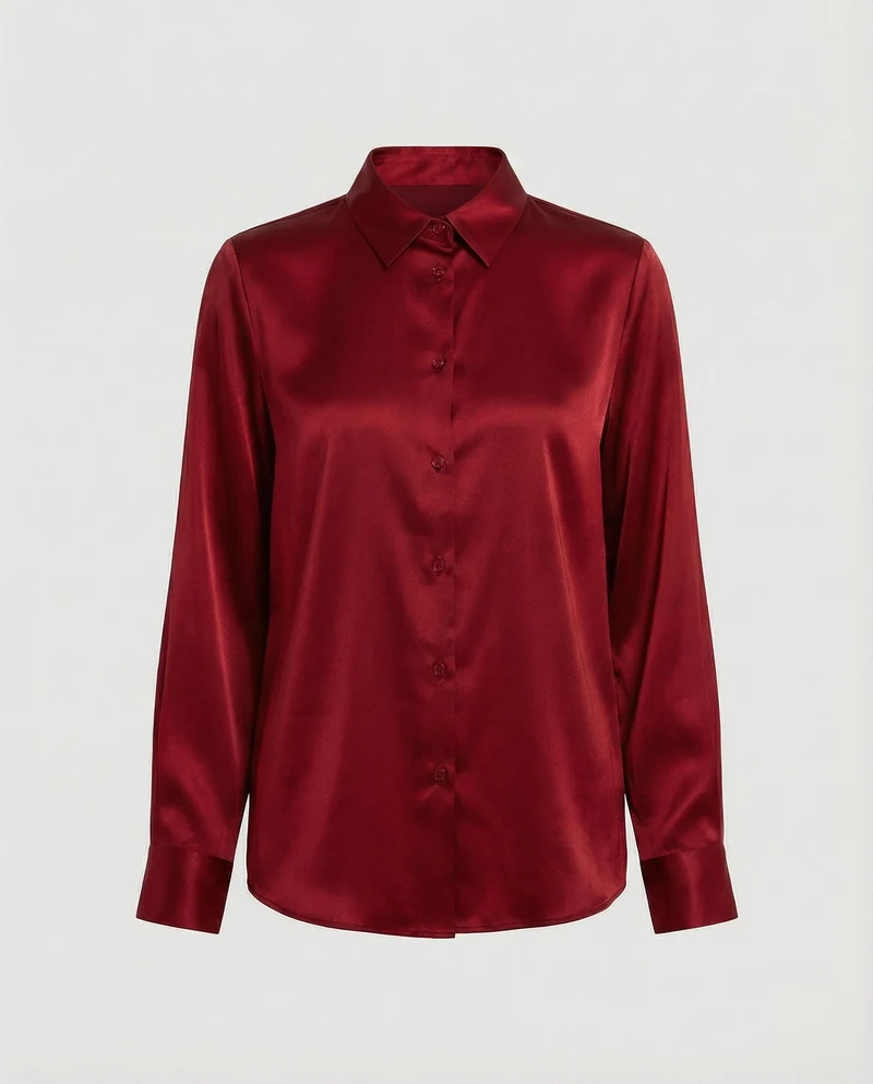 Damen nan elegante Satin-Hemdbluse mit V-Ausschnitt, feiner Knopfleiste und taillierter Passform
