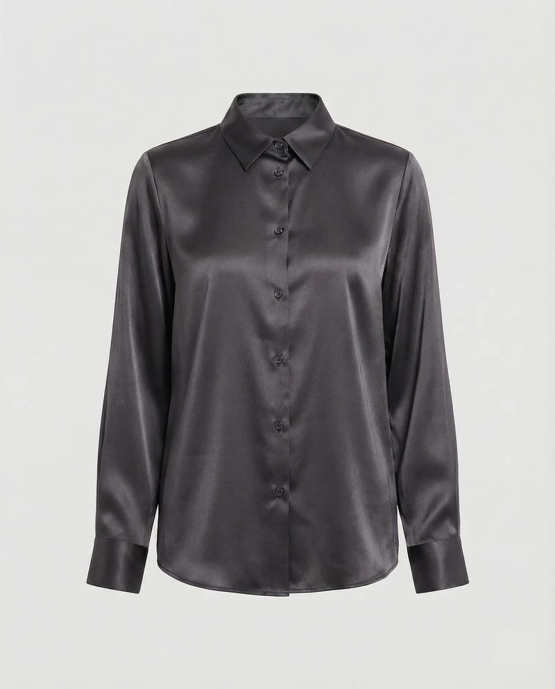 Damen nan elegante Satin-Hemdbluse mit V-Ausschnitt, feiner Knopfleiste und taillierter Passform