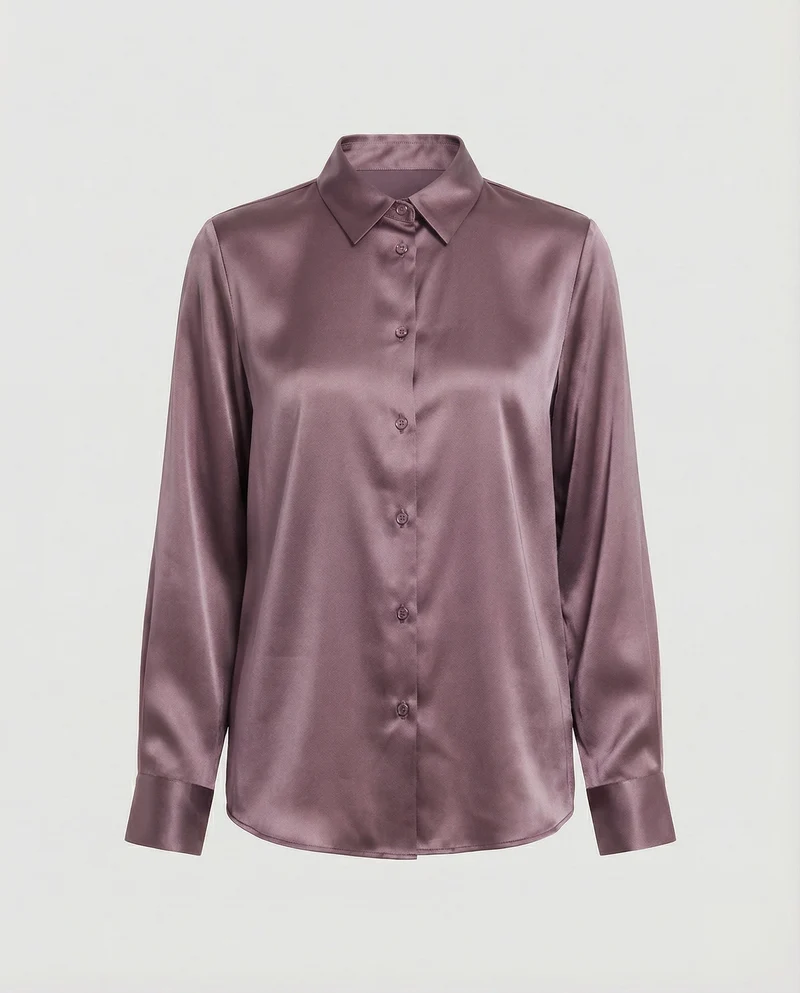 Damen nan elegante Satin-Hemdbluse mit V-Ausschnitt, feiner Knopfleiste und taillierter Passform
