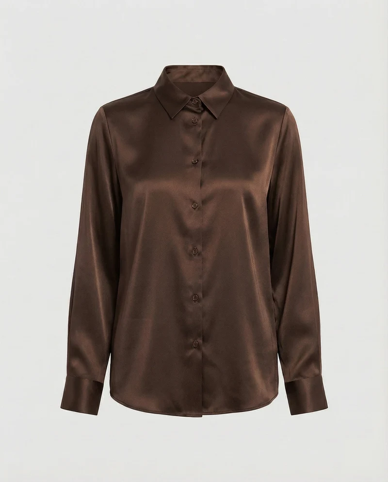 Damen nan elegante Satin-Hemdbluse mit V-Ausschnitt, feiner Knopfleiste und taillierter Passform