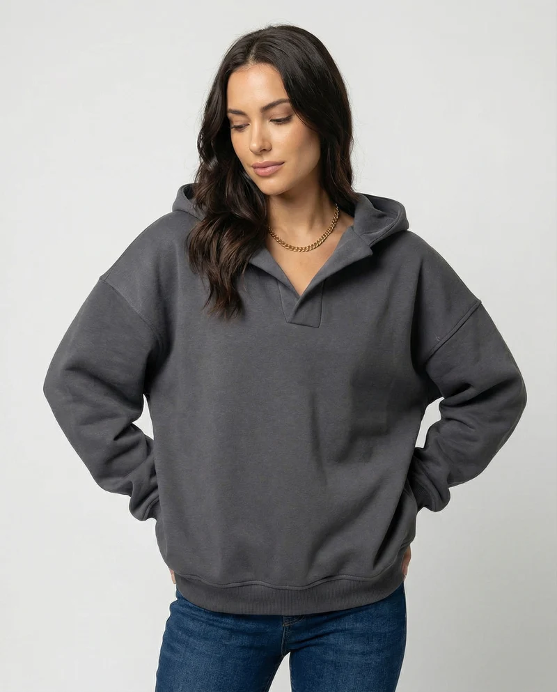 Damen Oversized Kapuzensweatshirt mit lässigem Stehkragen und langen Ärmeln Nord Taschen