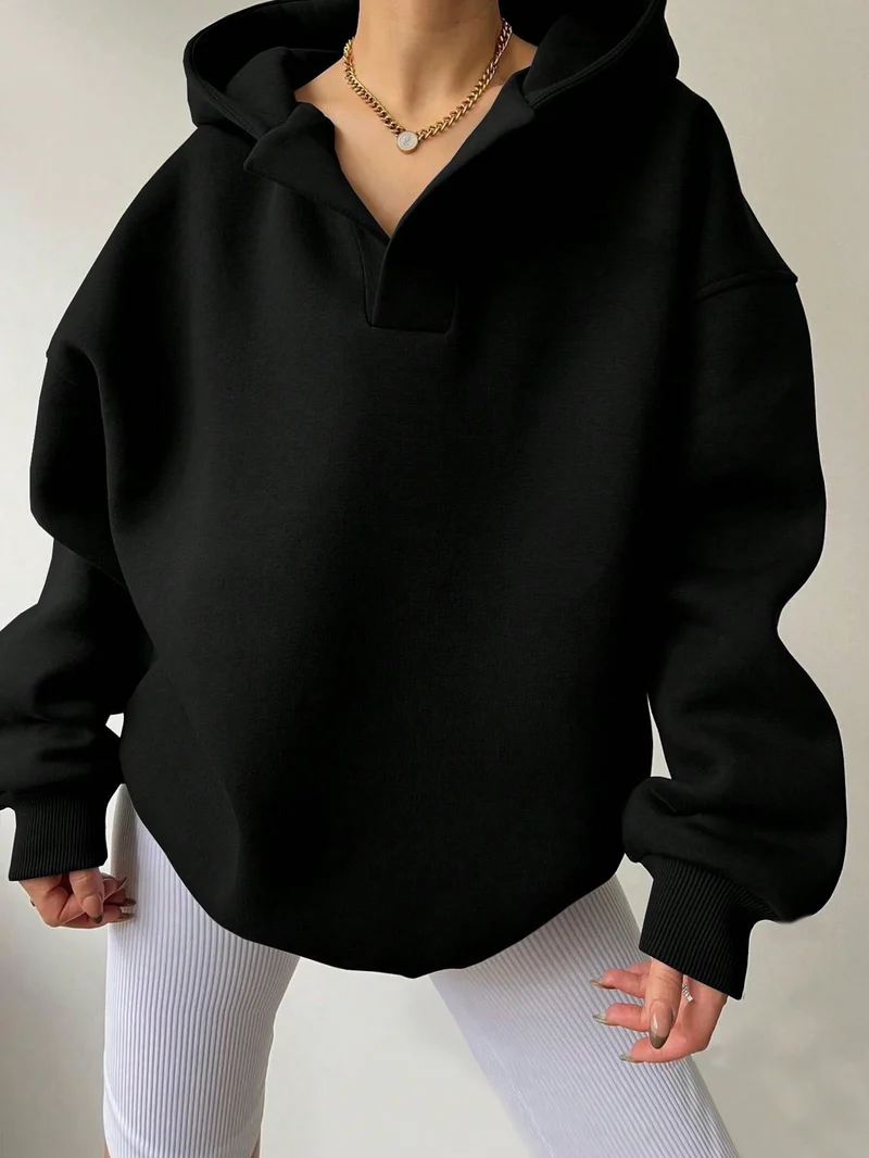 Damen Oversized Kapuzensweatshirt mit lässigem Stehkragen und langen Ärmeln Nord Taschen