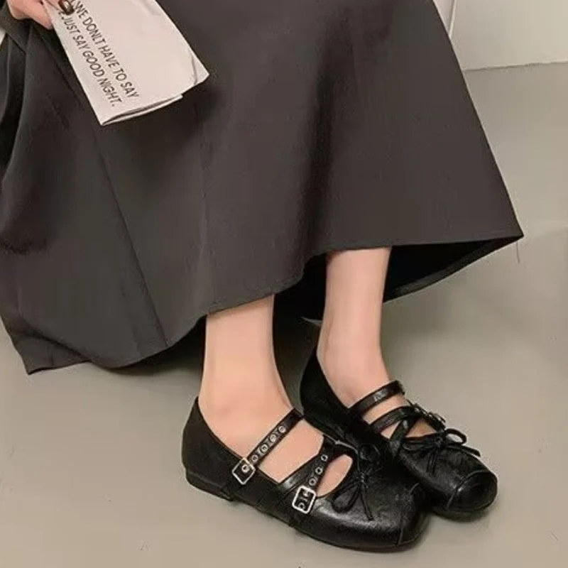 Damen Ballerina-Schuhe mit dekorativen Doppelschnallen und modischen Schleifen