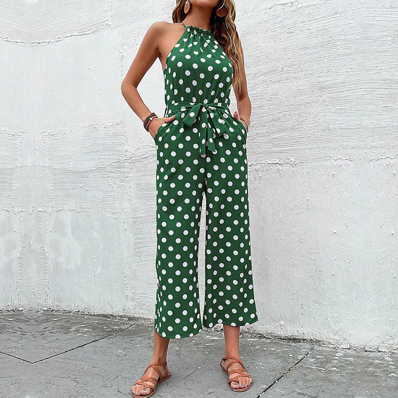 Damen eleganter Jumpsuit mit verstellbarem Bindegürtel und modischem Punkte-Design