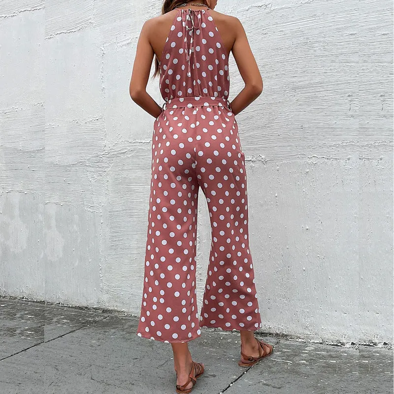Damen eleganter Jumpsuit mit verstellbarem Bindegürtel und modischem Punkte-Design
