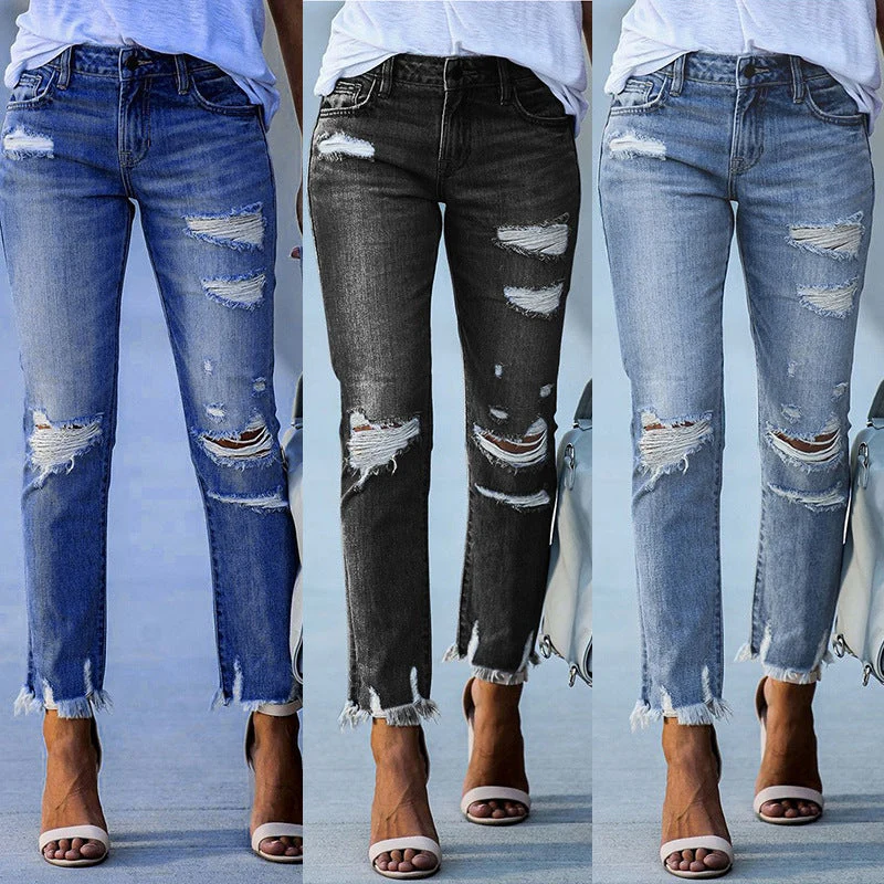 Damen Ripped Jeans im modernen Vintage-Look mit fransigen Säumen