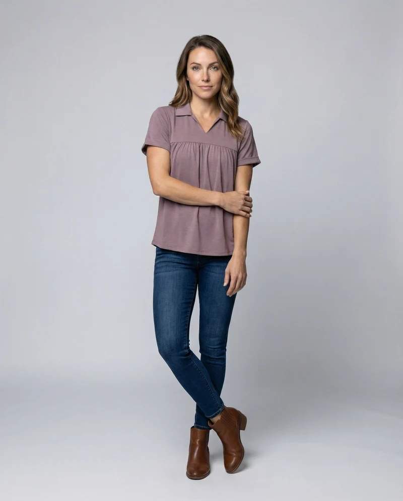 Damen V-Ausschnitt Raffung Poloshirt