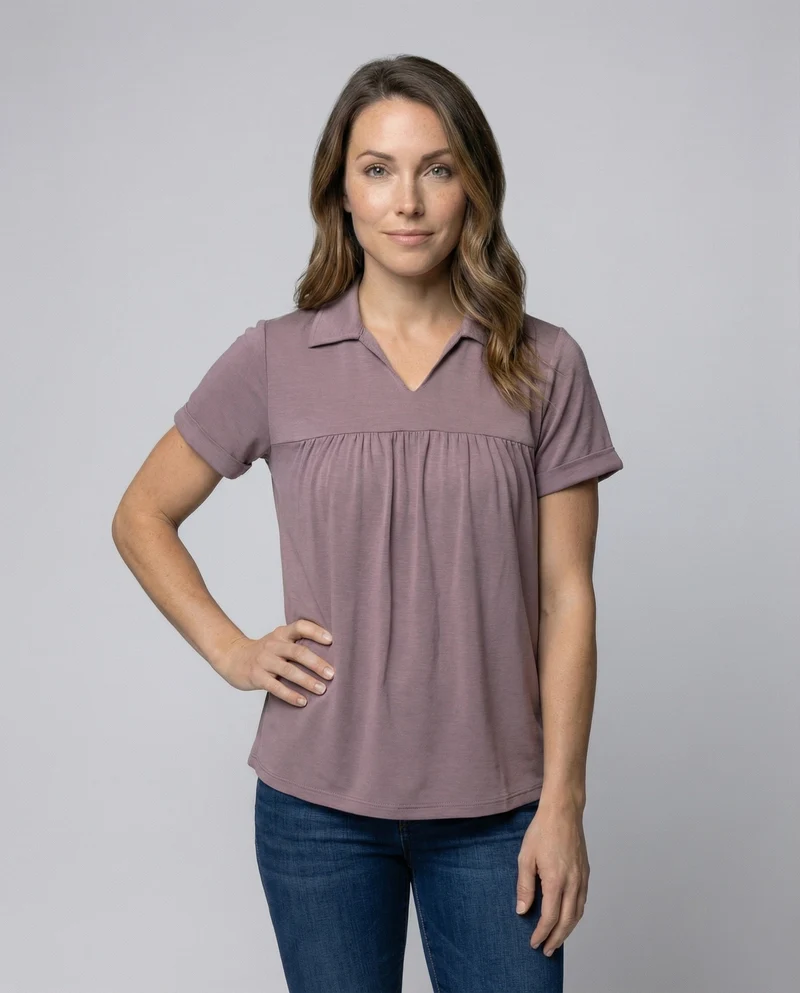 Damen V-Ausschnitt Raffung Poloshirt