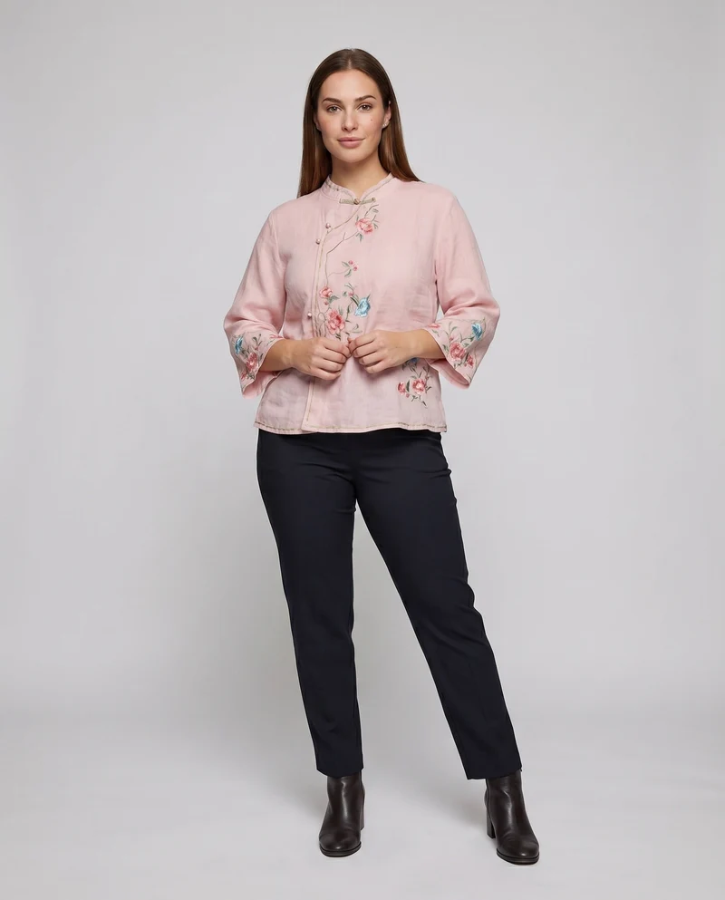 Damen Leinenmischbluse Blumenstickerei Knotenverschlüsse Leicht