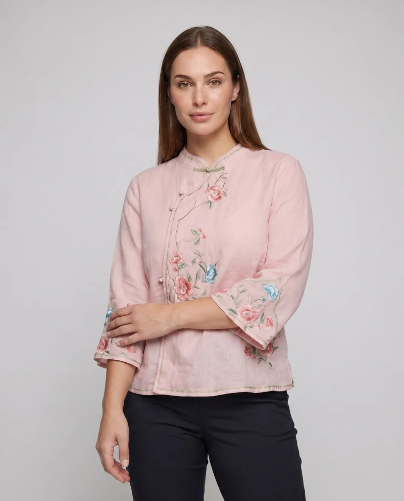 Damen Leinenmischbluse Blumenstickerei Knotenverschlüsse Leicht