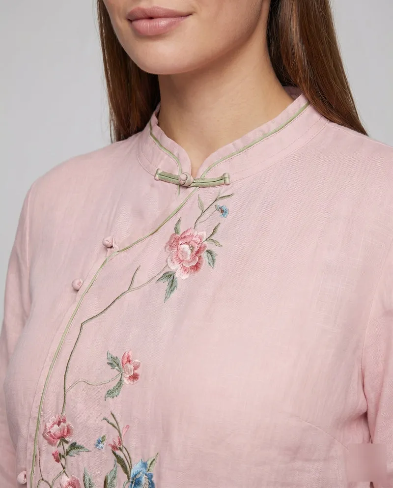 Damen Leinenmischbluse Blumenstickerei Knotenverschlüsse Leicht
