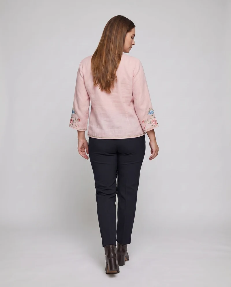 Damen Leinenmischbluse Blumenstickerei Knotenverschlüsse Leicht