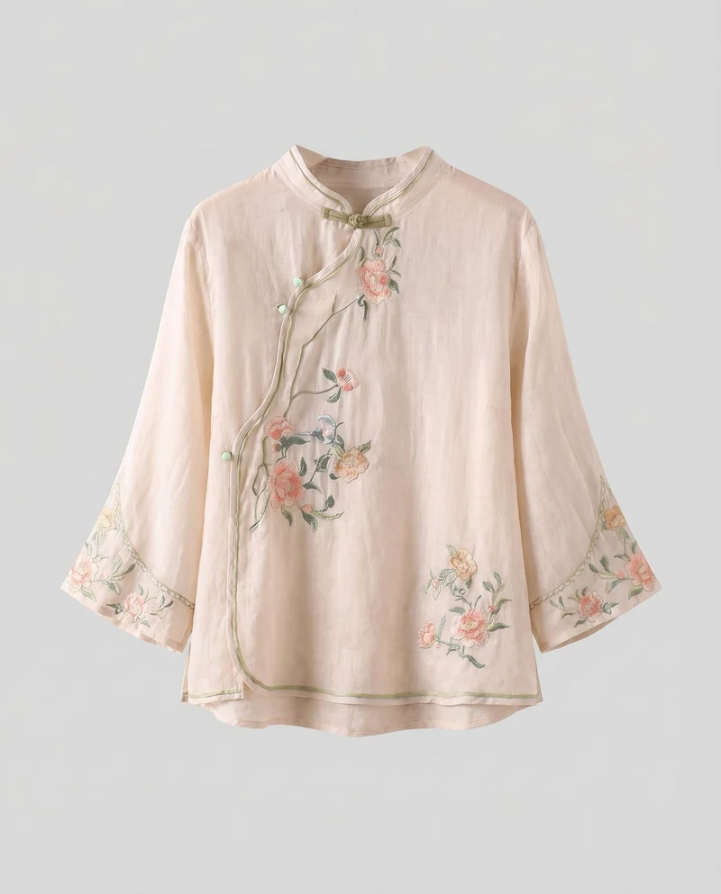 Damen Leinenmischbluse Blumenstickerei Knotenverschlüsse Leicht