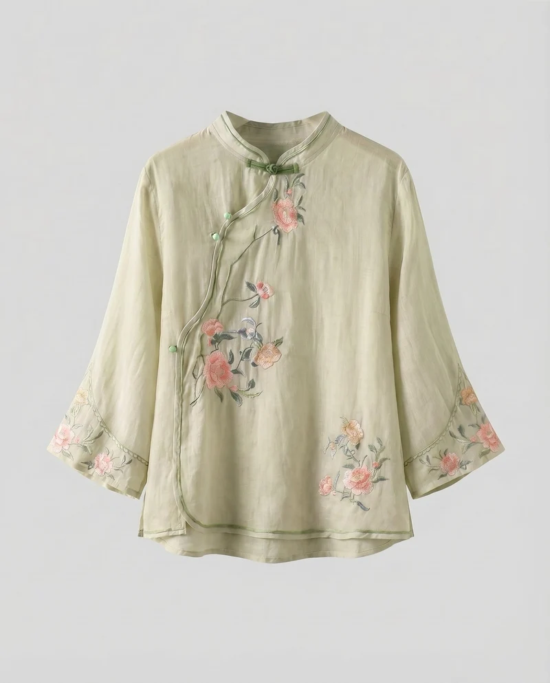 Damen Leinenmischbluse Blumenstickerei Knotenverschlüsse Leicht