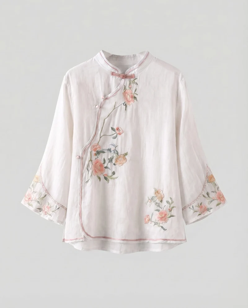 Damen Leinenmischbluse Blumenstickerei Knotenverschlüsse Leicht