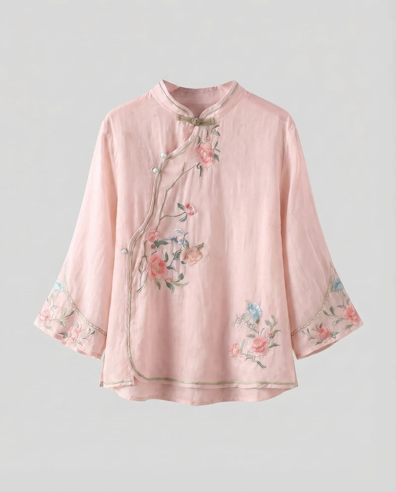 Damen Leinenmischbluse Blumenstickerei Knotenverschlüsse Leicht