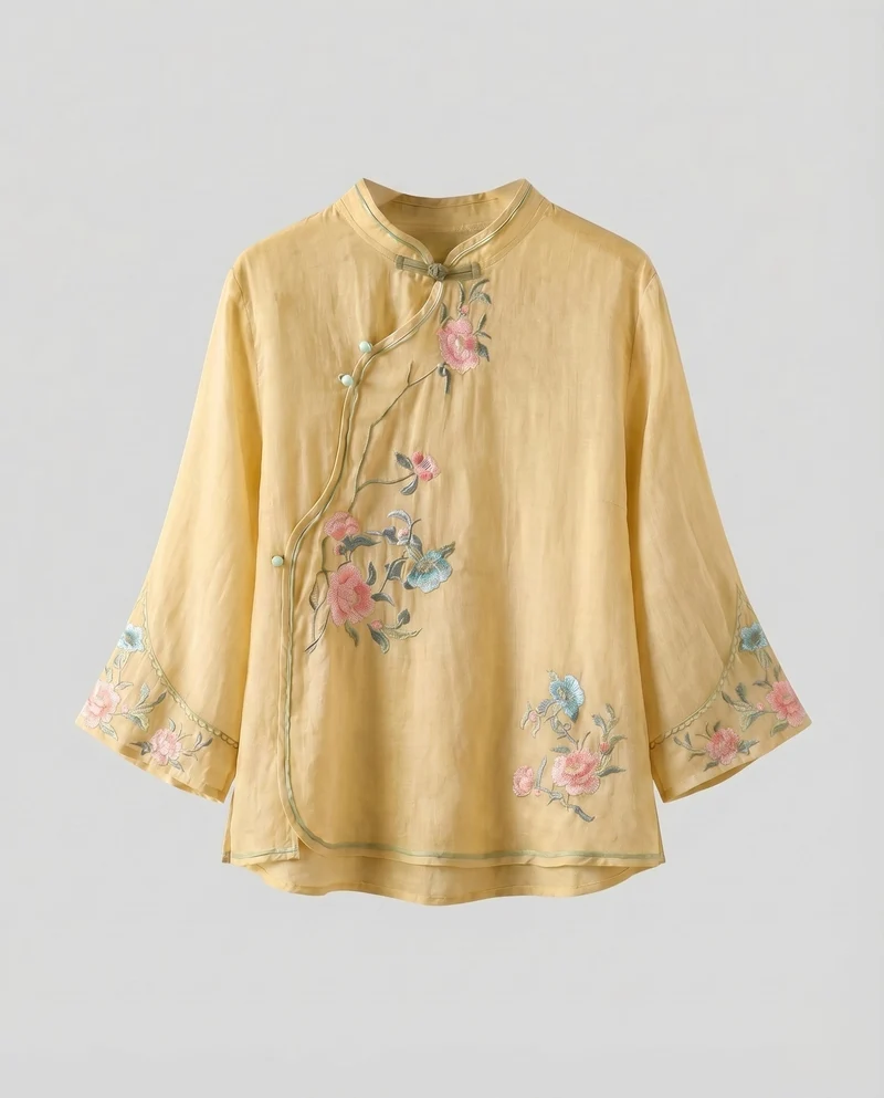 Damen Leinenmischbluse Blumenstickerei Knotenverschlüsse Leicht