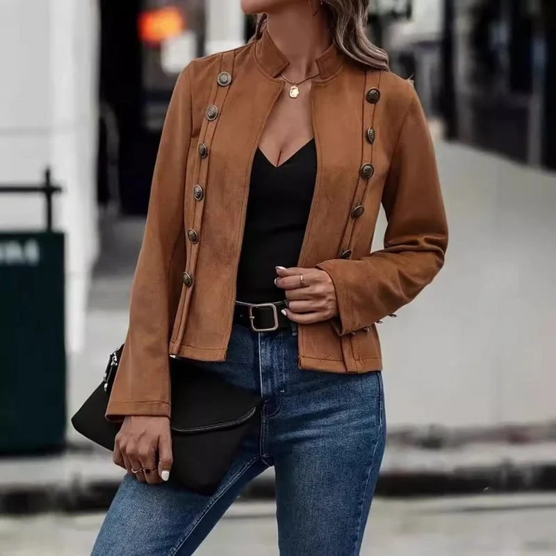 Doppelreiher Samtjacke mit Mandarin-Kragen - Retro-Stil, weiche Hirschledertextur