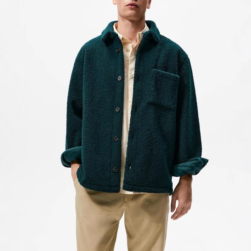 Herren gemütliche Fleece-Hemdjacke mit aufgesetzter Brusttasche Hedi-Mode