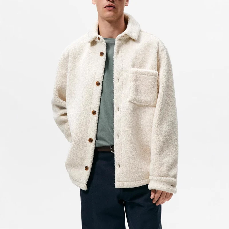 Herren gemütliche Fleece-Hemdjacke mit aufgesetzter Brusttasche Hedi-Mode
