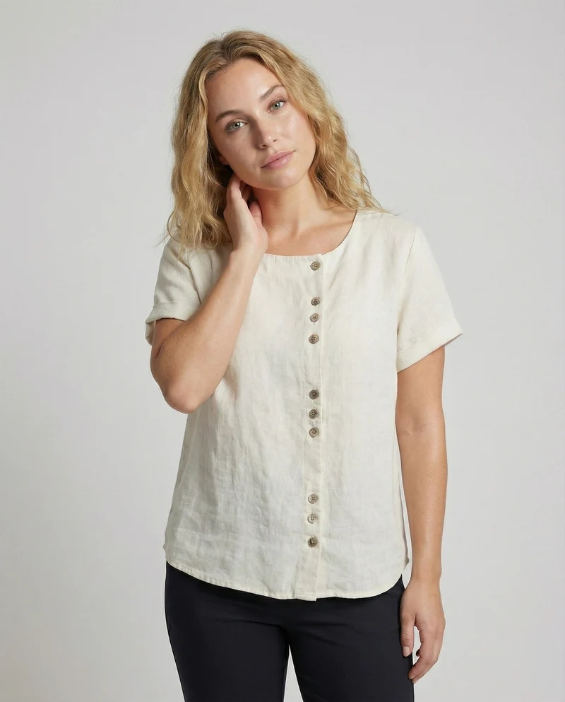 Damen Asymmetrische Zierknopf Leinenoptik-Bluse