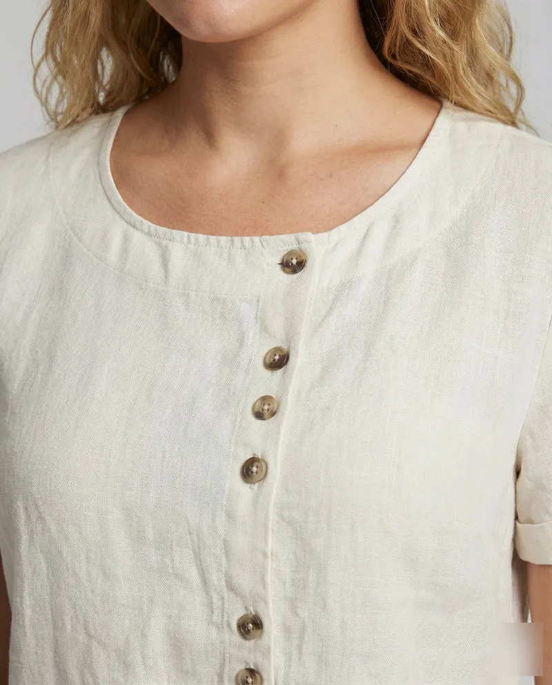 Damen Asymmetrische Zierknopf Leinenoptik-Bluse