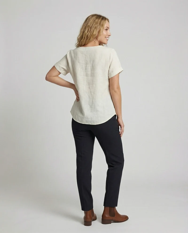Damen Asymmetrische Zierknopf Leinenoptik-Bluse
