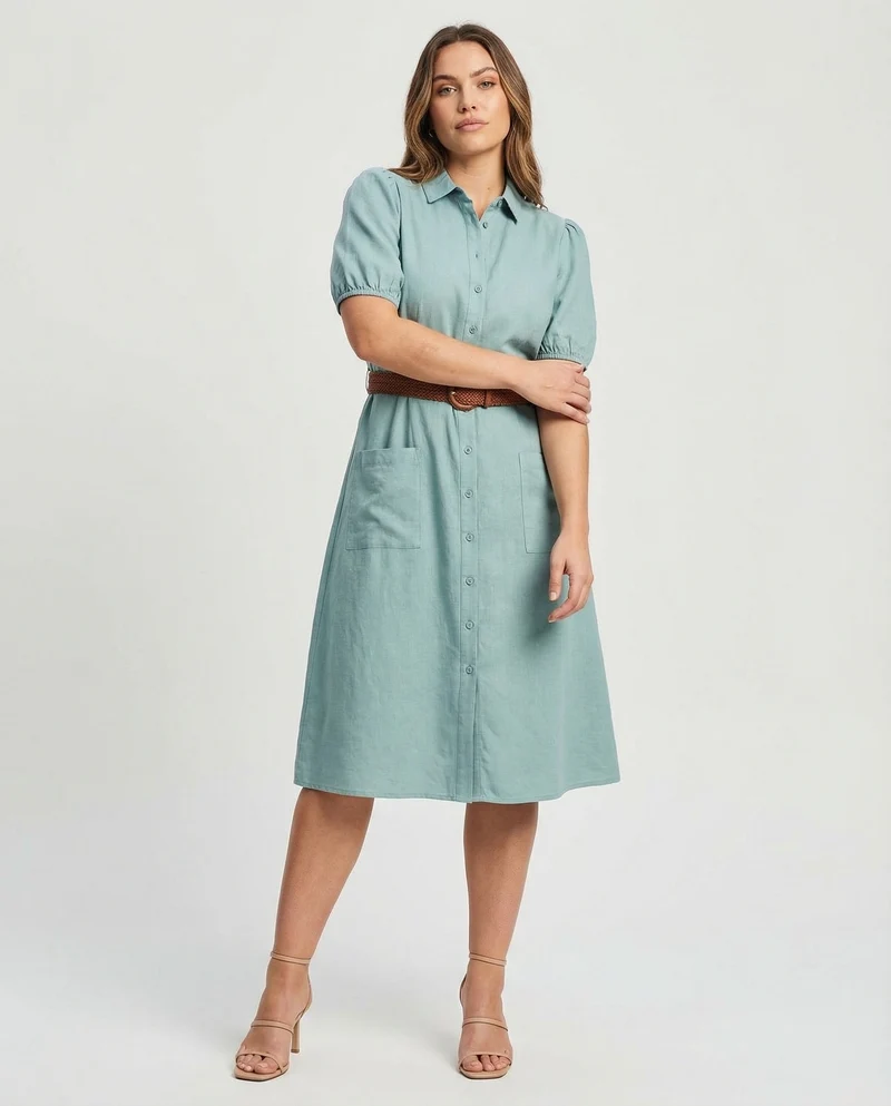 Damen Maxikleid mit Knopfleiste und Gürtel