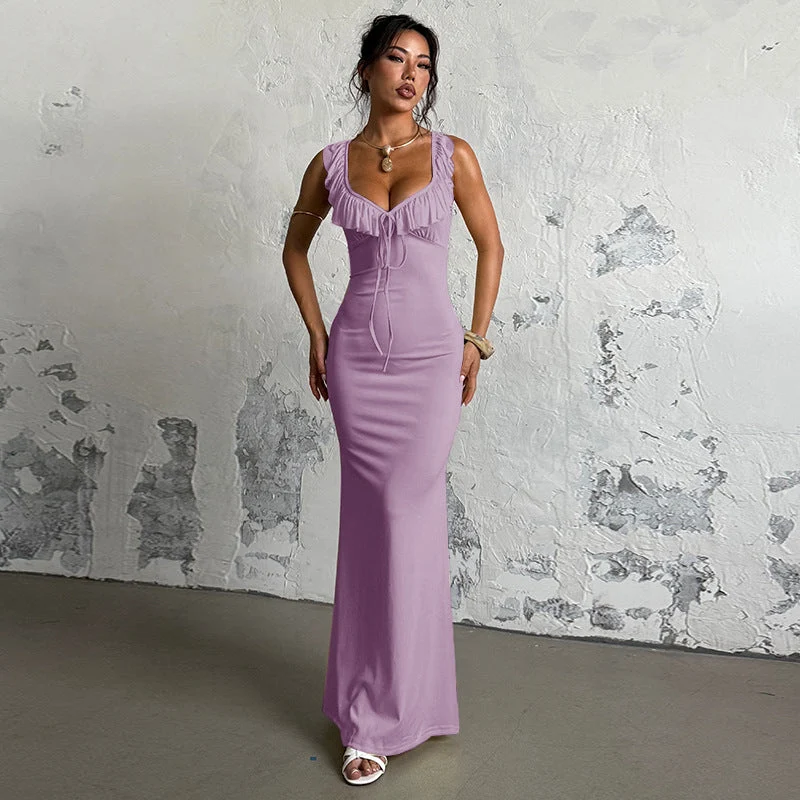 Damen figurbetontes Maxikleid mit Rüschendetails und V-Ausschnitt